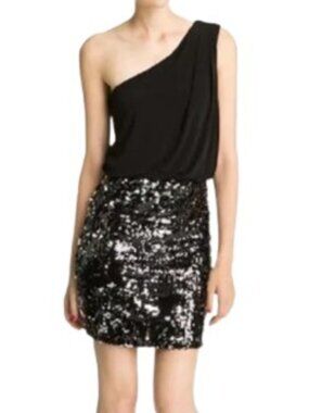 Black One-Shoulder City Triangles Sequin Bodycon Mini Dress Medium